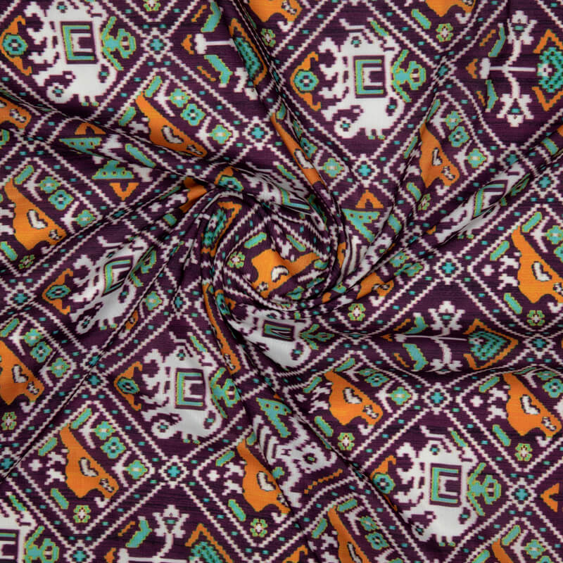 Purple Patola Pattern Digital Print Muslin Fabric - Fabcurate