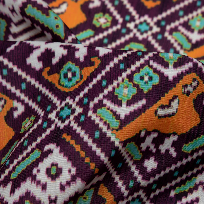 Purple Patola Pattern Digital Print Muslin Fabric - Fabcurate
