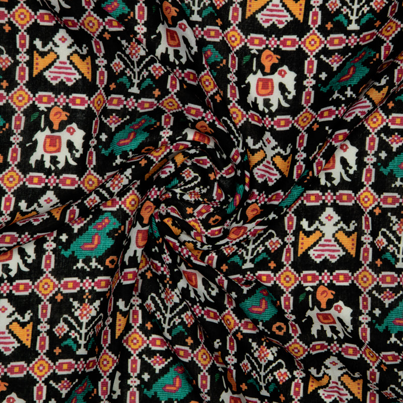 Black Patola Pattern Digital Print Rayon Fabric - Fabcurate
