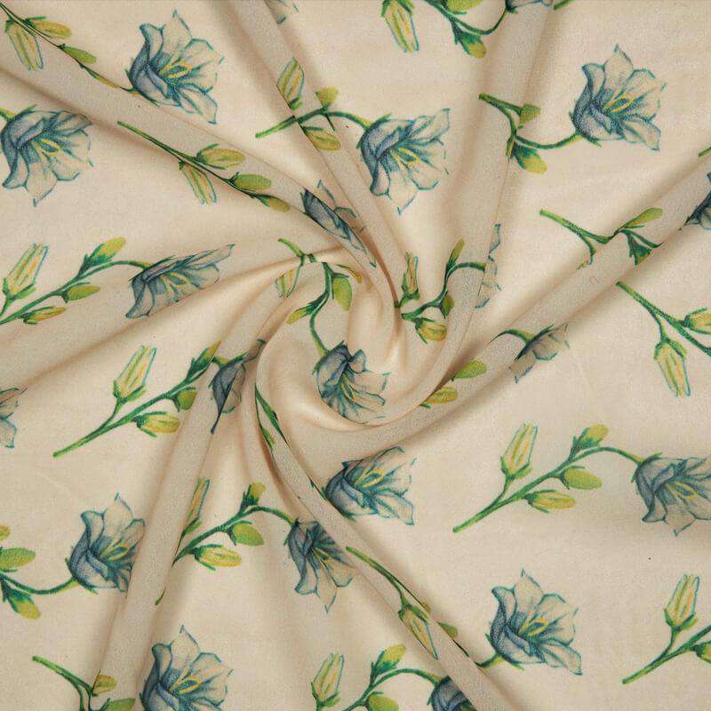Cream Floral Pattern Digital Print Muslin Fabric - Fabcurate