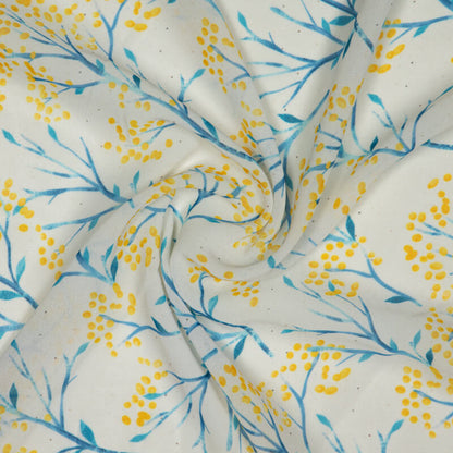 White And Yellow Leaf Pattern Digital Print Muslin Fabric - Fabcurate