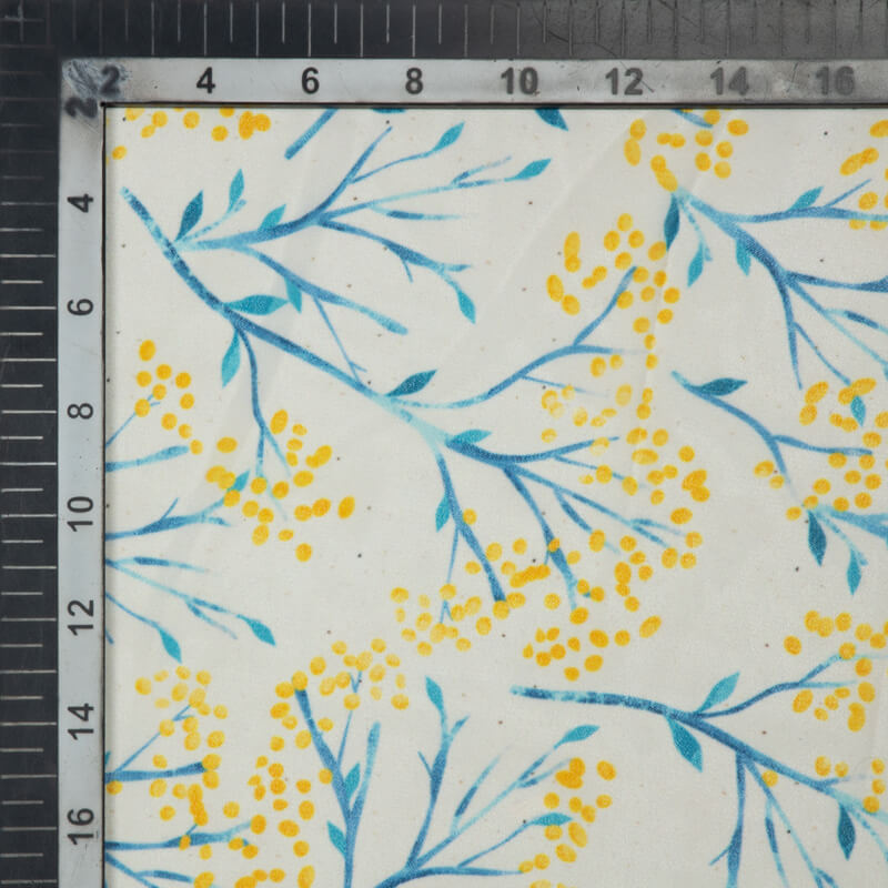 White And Yellow Leaf Pattern Digital Print Muslin Fabric - Fabcurate