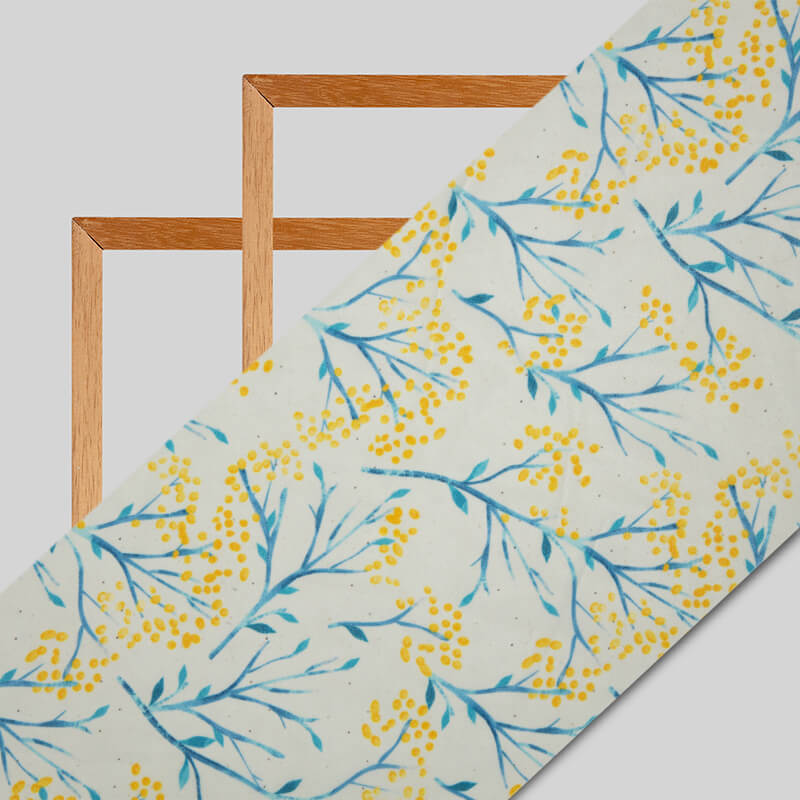 White And Yellow Leaf Pattern Digital Print Muslin Fabric - Fabcurate