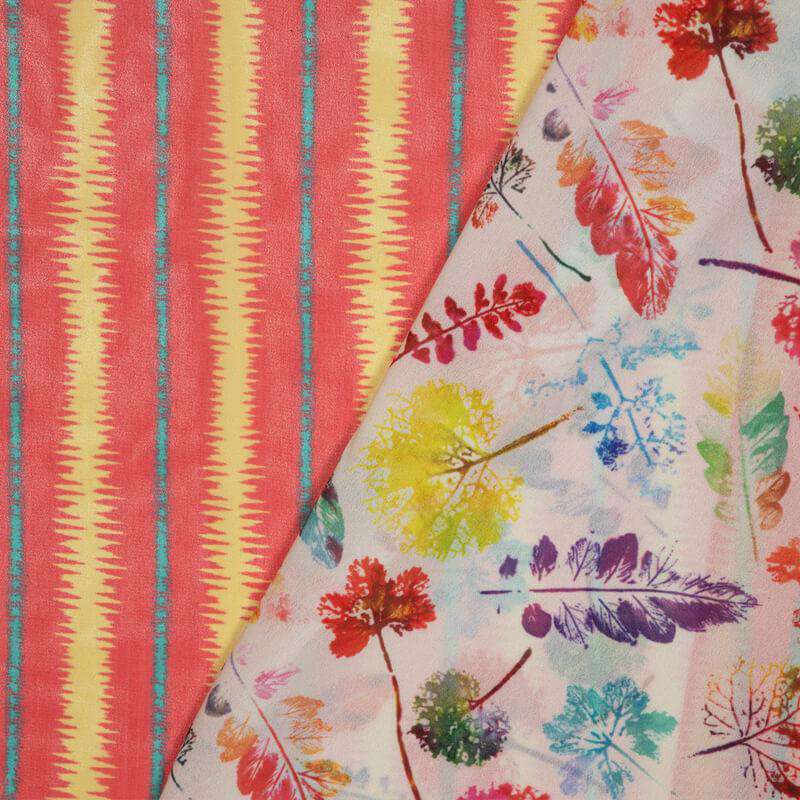 Cream Leaf Pattern Pattern Digital Print Muslin Fabric - Fabcurate