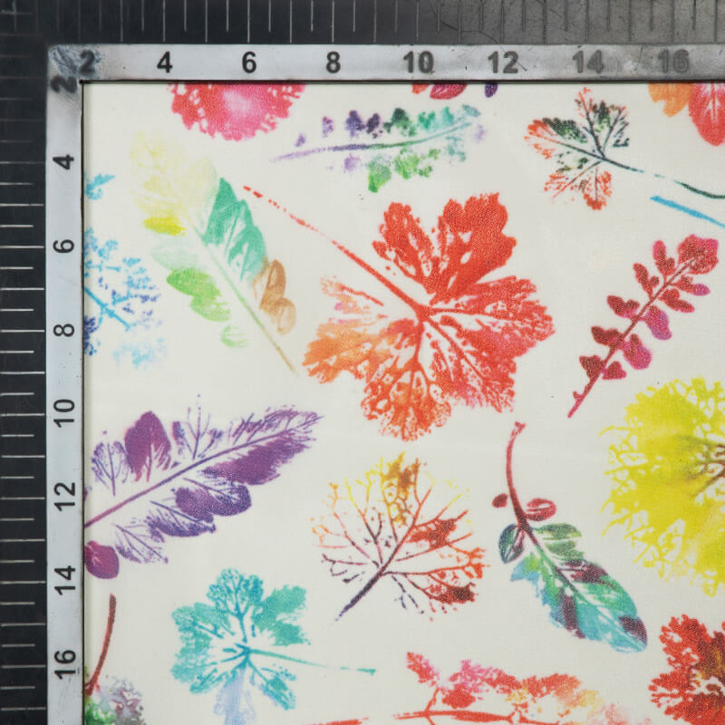 Cream Leaf Pattern Pattern Digital Print Muslin Fabric - Fabcurate