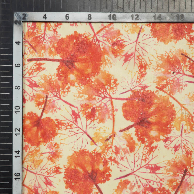 Cream And Orange Leaf Pattern Digital Print Muslin Fabric - Fabcurate