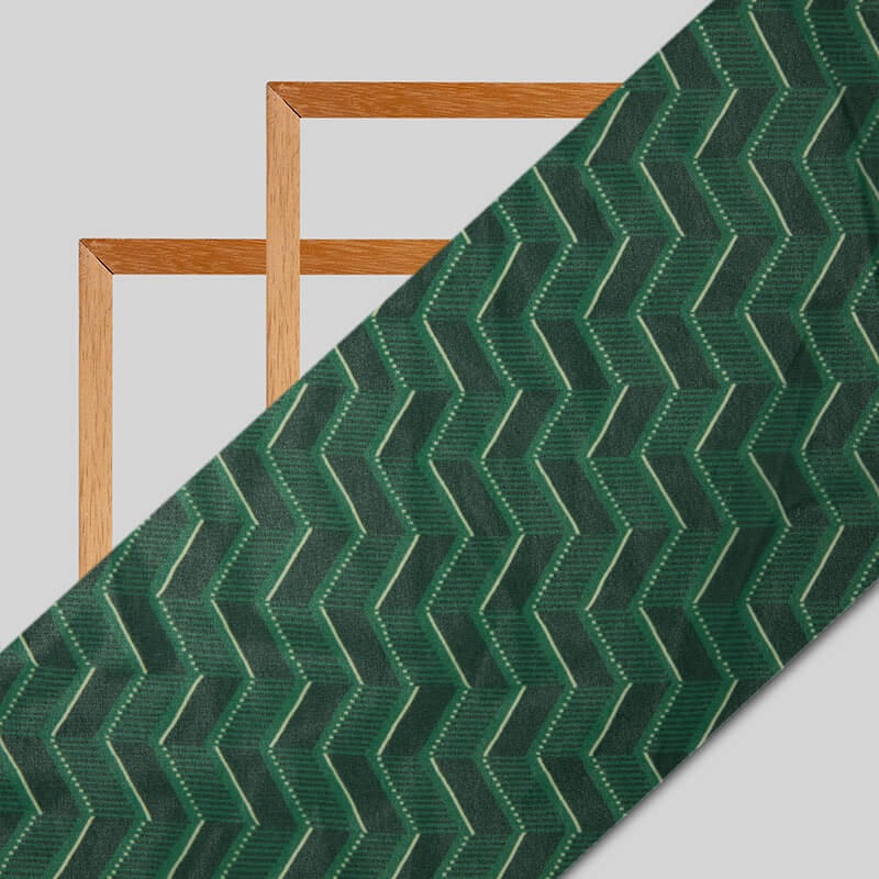 Green Chevron Pattern Digital Print Muslin Fabric - Fabcurate