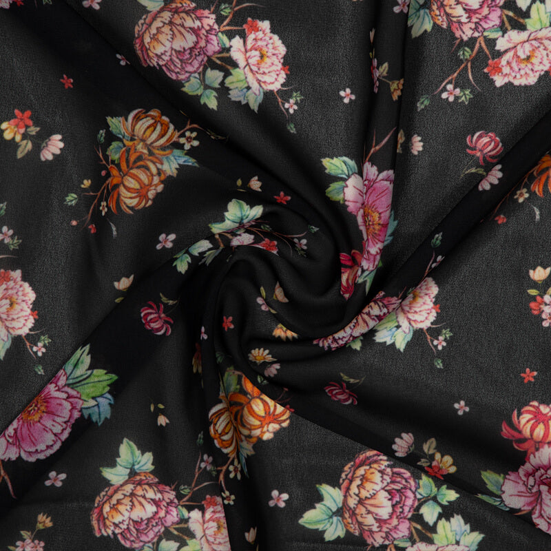 Black Floral Pattern Digital Print American Crepe Fabric - Fabcurate
