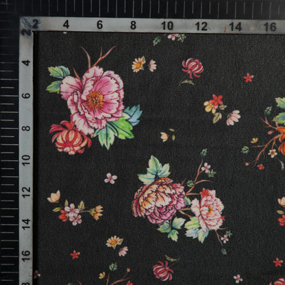 Black Floral Pattern Digital Print American Crepe Fabric - Fabcurate