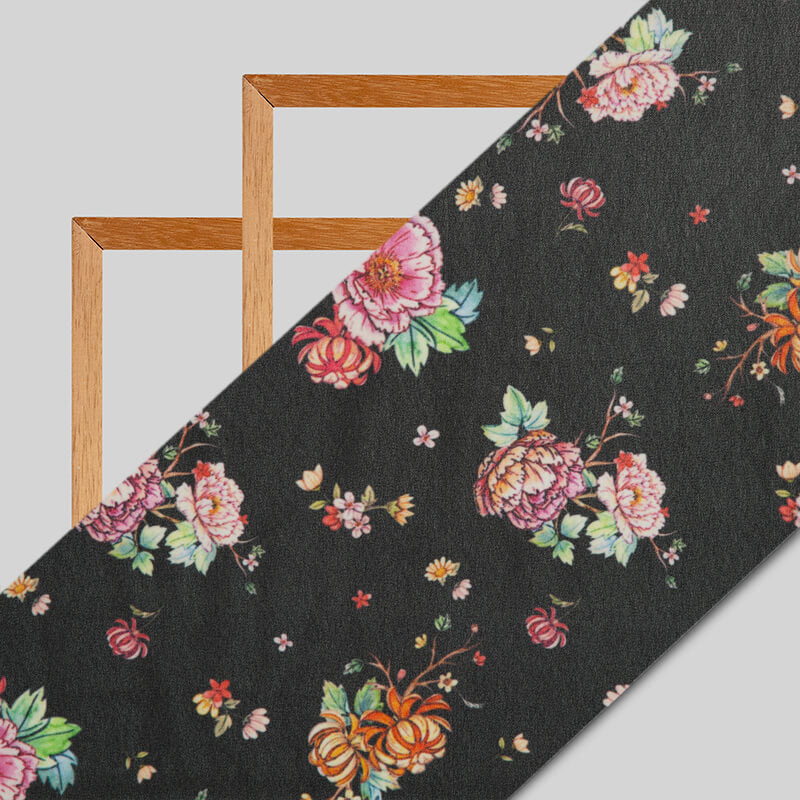 Black Floral Pattern Digital Print American Crepe Fabric - Fabcurate