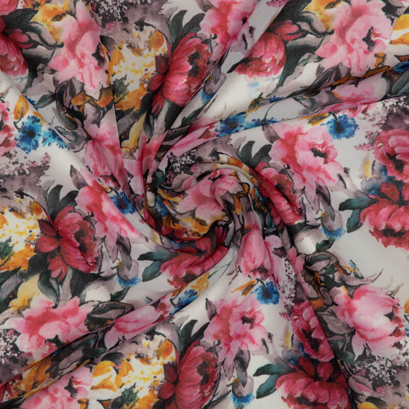 Pink And White Floral Pattern Digital Print American Crepe Fabric - Fabcurate