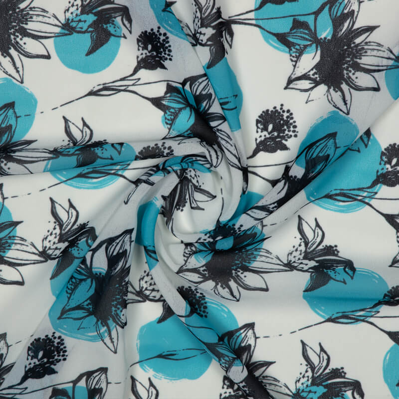 White And Teal Floral Pattern Digital Print American Crepe Fabric - Fabcurate