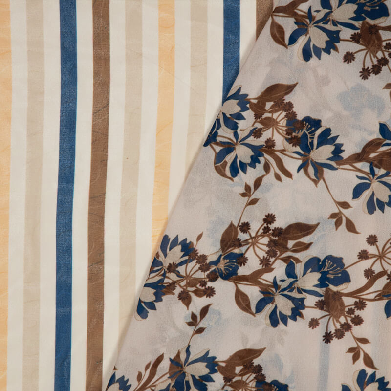 Cream And Brown Stripes Pattern Digital Print American Crepe Fabric - Fabcurate