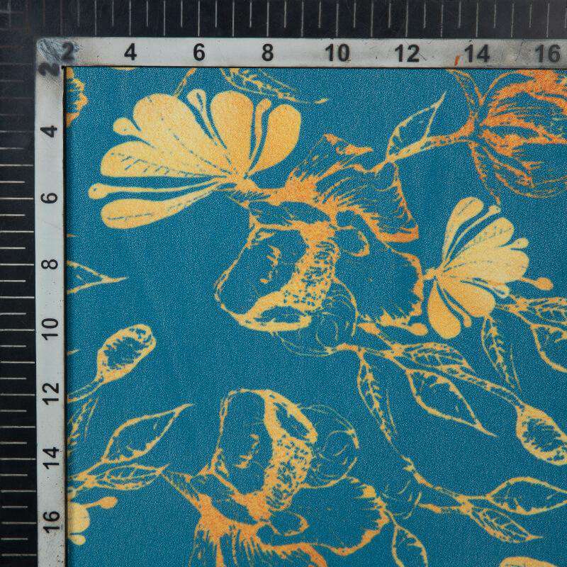 Blue And Beige Floral Pattern Digital Print American Crepe Fabric - Fabcurate
