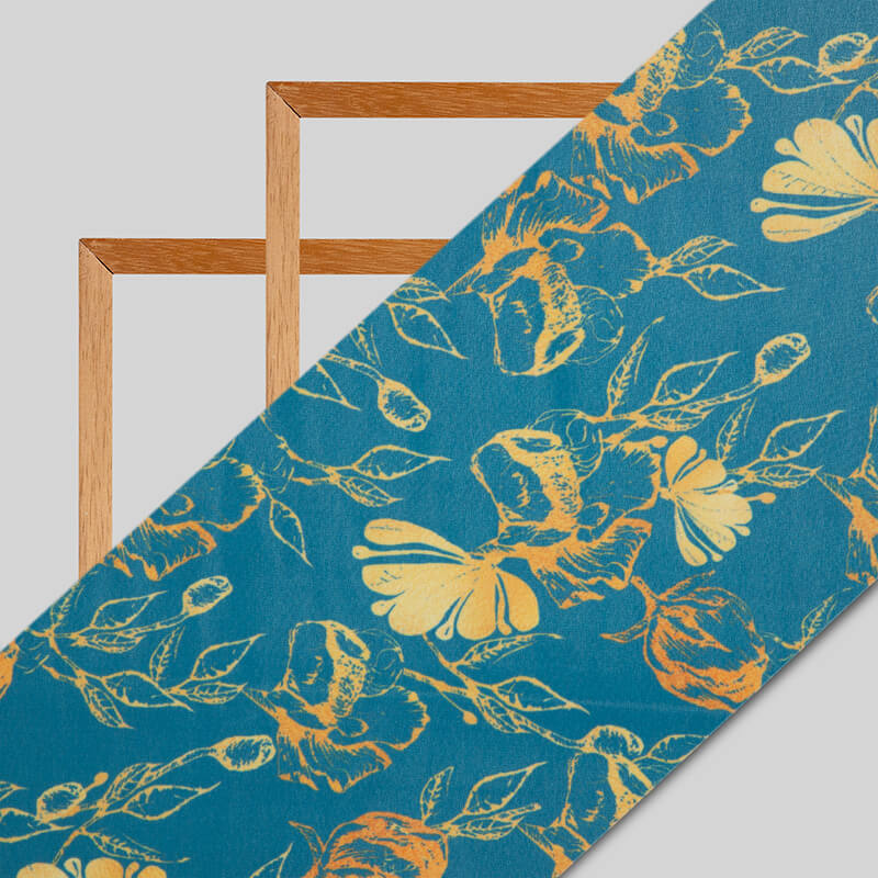 Blue And Beige Floral Pattern Digital Print American Crepe Fabric - Fabcurate