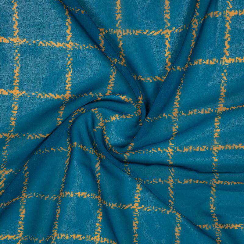 Blue And Beige Checks Pattern Digital Print American Crepe Fabric - Fabcurate