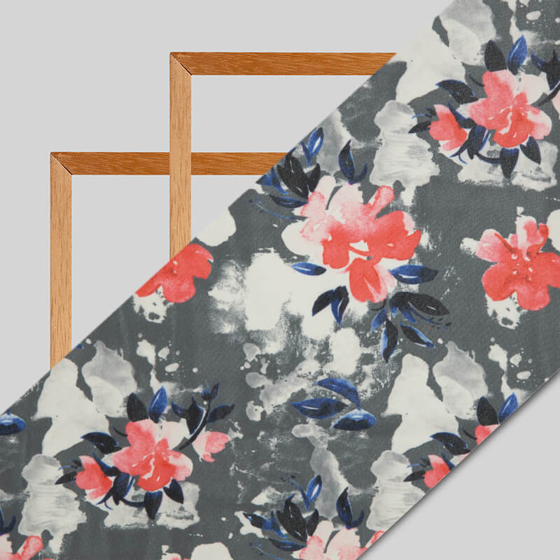 Dark Grey And Red Floral Pattern Digital Print American Crepe Fabric - Fabcurate