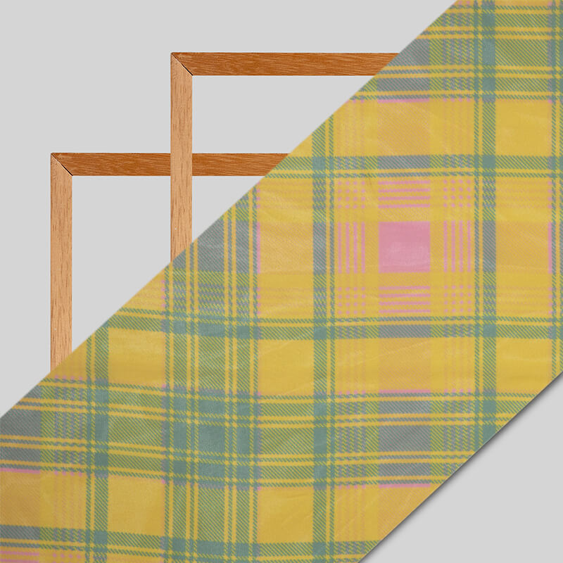 Yellow Checks Pattern Digital Print American Crepe Fabric - Fabcurate