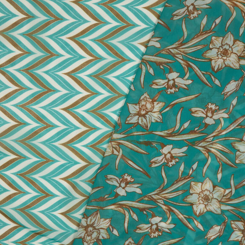 Teal And White Chevron Pattern Digital Print American Crepe Fabric - Fabcurate