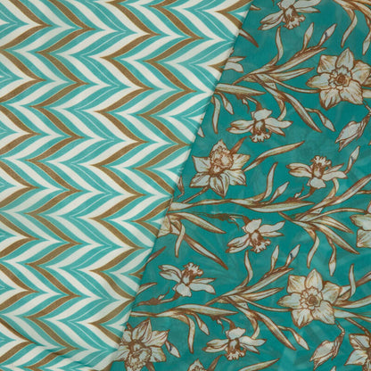 Teal And White Chevron Pattern Digital Print American Crepe Fabric - Fabcurate