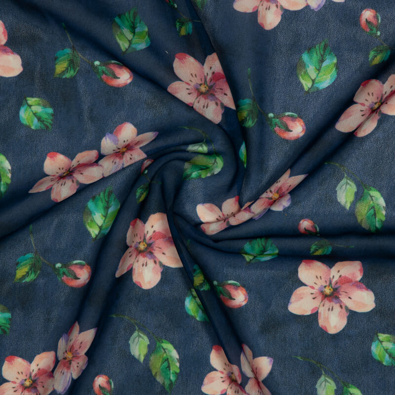 Blue And Pink Floral Pattern Digital Print American Crepe Fabric - Fabcurate