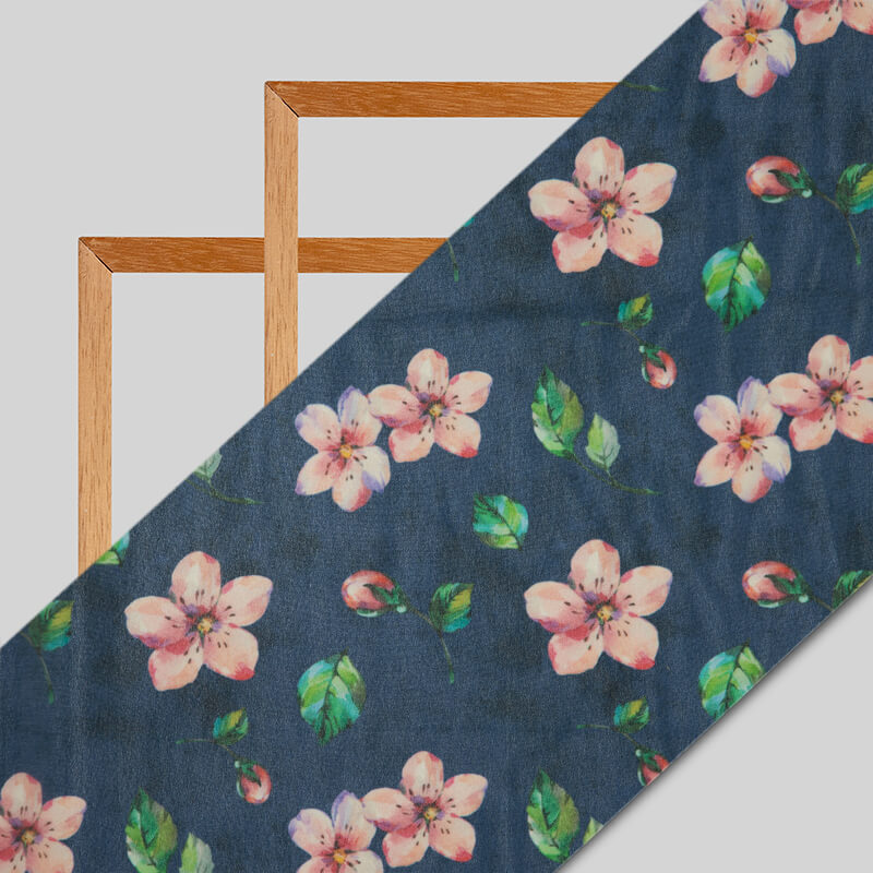 Blue And Pink Floral Pattern Digital Print American Crepe Fabric - Fabcurate