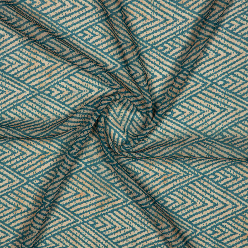 Beige And Turquoise Geometric Pattern Digital Print American Crepe Fabric - Fabcurate