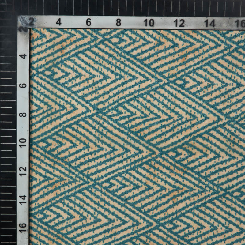 Beige And Turquoise Geometric Pattern Digital Print American Crepe Fabric - Fabcurate
