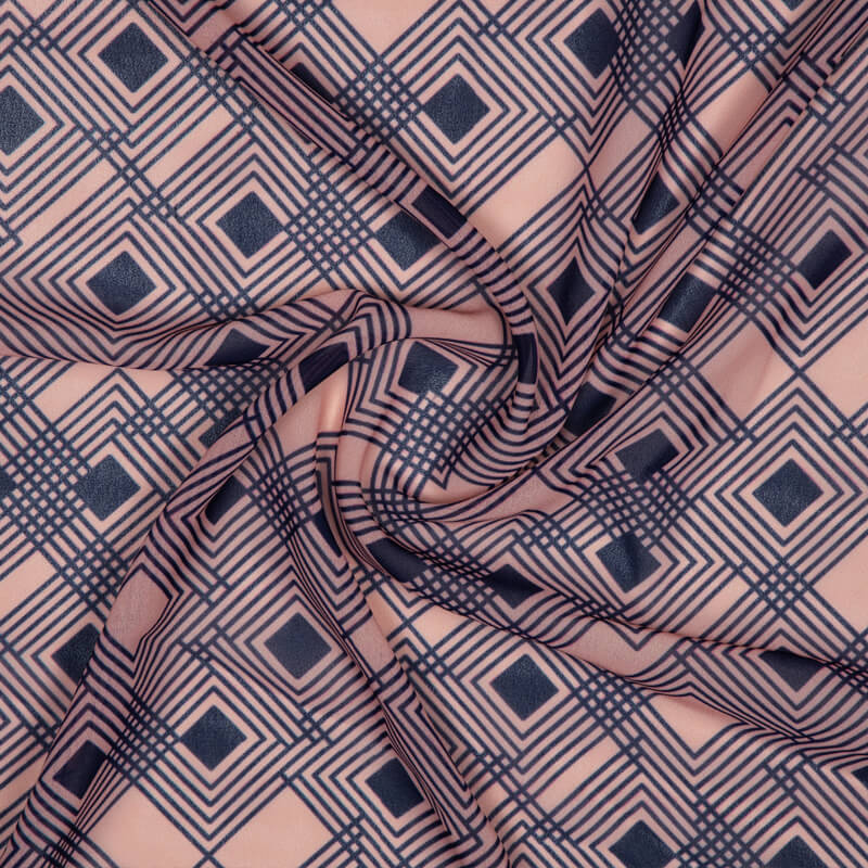 Peach And Blue Geometric Pattern Digital Print American Crepe Fabric - Fabcurate