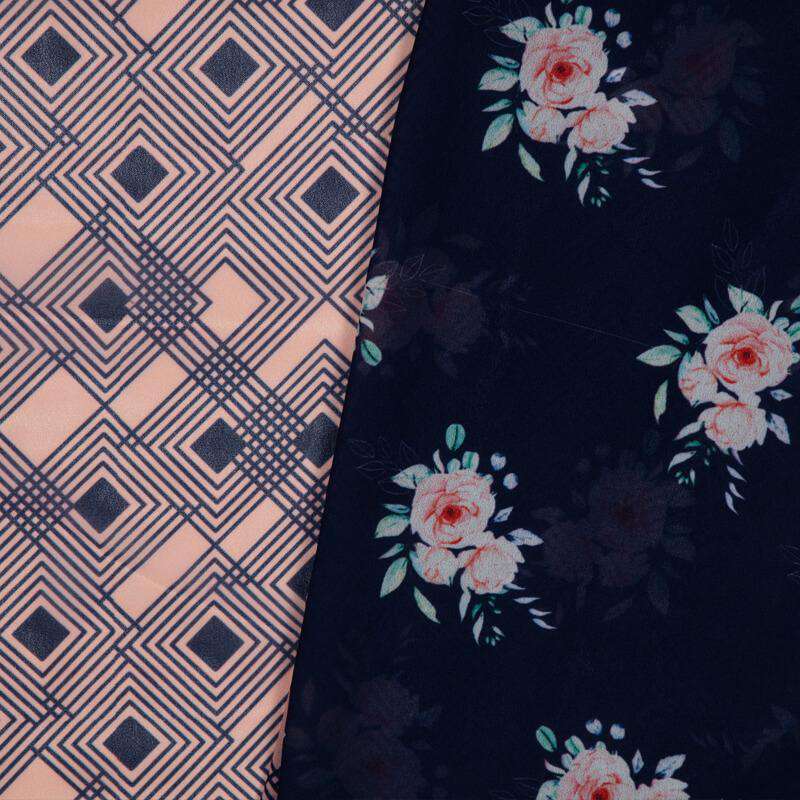 Peach And Blue Geometric Pattern Digital Print American Crepe Fabric - Fabcurate