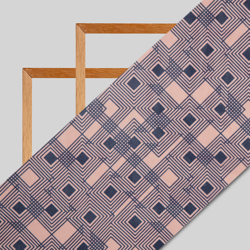 Peach And Blue Geometric Pattern Digital Print American Crepe Fabric - Fabcurate