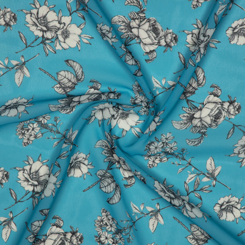 Sky Blue And White Floral Pattern Digital Print American Crepe Fabric - Fabcurate