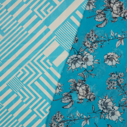 Sky Blue And White Floral Pattern Digital Print American Crepe Fabric - Fabcurate