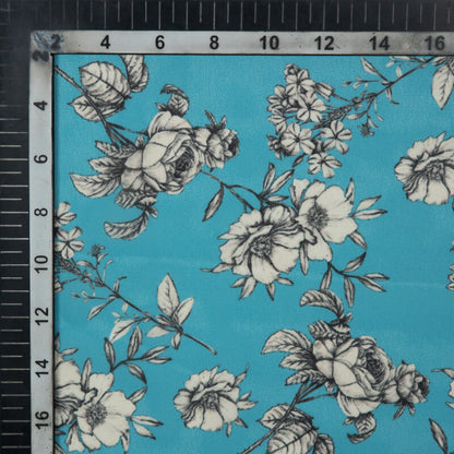 Sky Blue And White Floral Pattern Digital Print American Crepe Fabric - Fabcurate