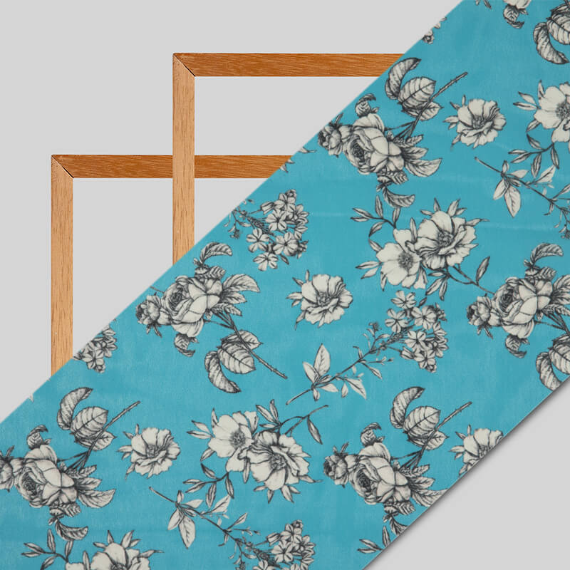 Sky Blue And White Floral Pattern Digital Print American Crepe Fabric - Fabcurate