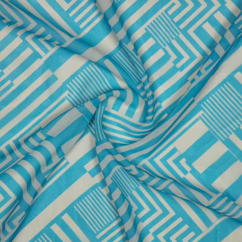 Sky Blue And White Geometric Pattern Digital Print American Crepe Fabric - Fabcurate
