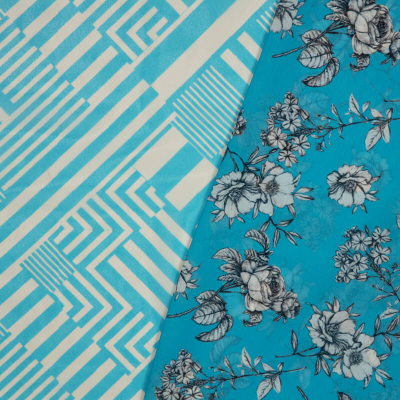 Sky Blue And White Geometric Pattern Digital Print American Crepe Fabric - Fabcurate