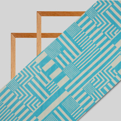 Sky Blue And White Geometric Pattern Digital Print American Crepe Fabric - Fabcurate