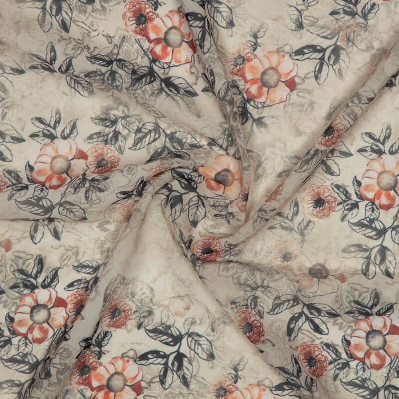Beige Floral Pattern Digital Print American Crepe Fabric - Fabcurate