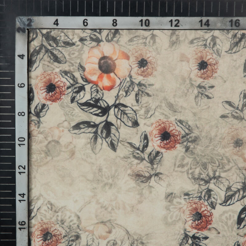 Beige Floral Pattern Digital Print American Crepe Fabric - Fabcurate