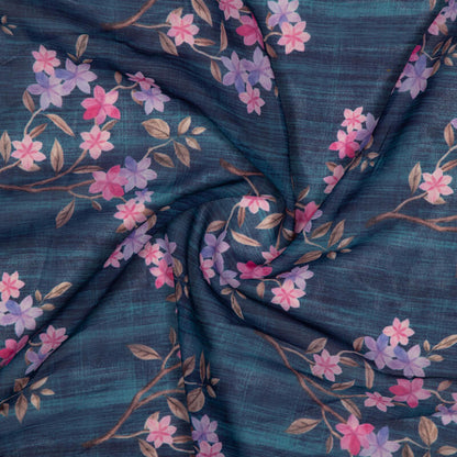 Prussian Blue Floral Pattern Digital Print American Crepe Fabric - Fabcurate