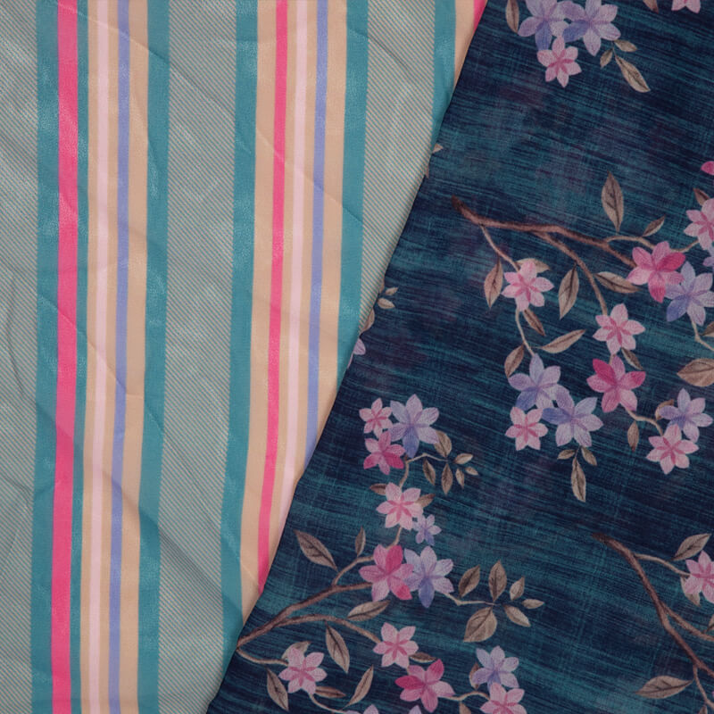 Prussian Blue Floral Pattern Digital Print American Crepe Fabric - Fabcurate