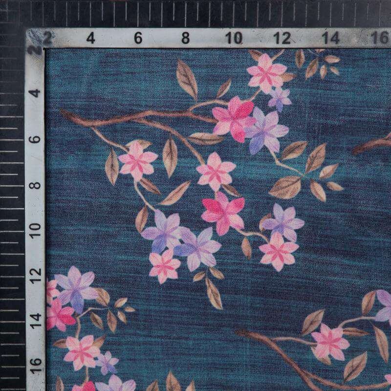 Prussian Blue Floral Pattern Digital Print American Crepe Fabric - Fabcurate