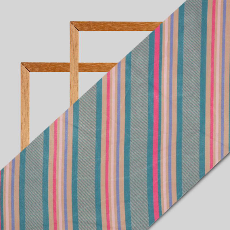Beige Stripes Pattern Digital Print American Crepe Fabric - Fabcurate