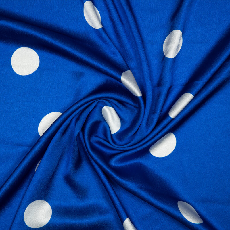 Blue And White Polka Dot Digital Print Japan Satin Fabric - Fabcurate