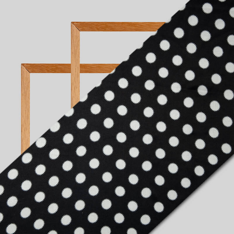 White And Black Polka Dot Digital Print Japan Satin Fabric - Fabcurate