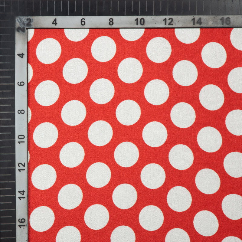 White And Red Polka Dot Digital Print Japan Satin Fabric - Fabcurate