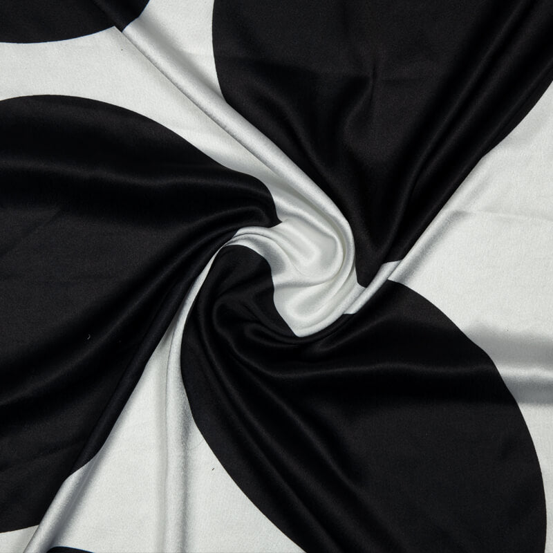 White And Black Polka Dot Digital Print Japan Satin Fabric - Fabcurate