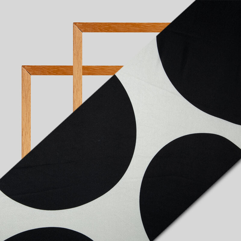 White And Black Polka Dot Digital Print Japan Satin Fabric - Fabcurate