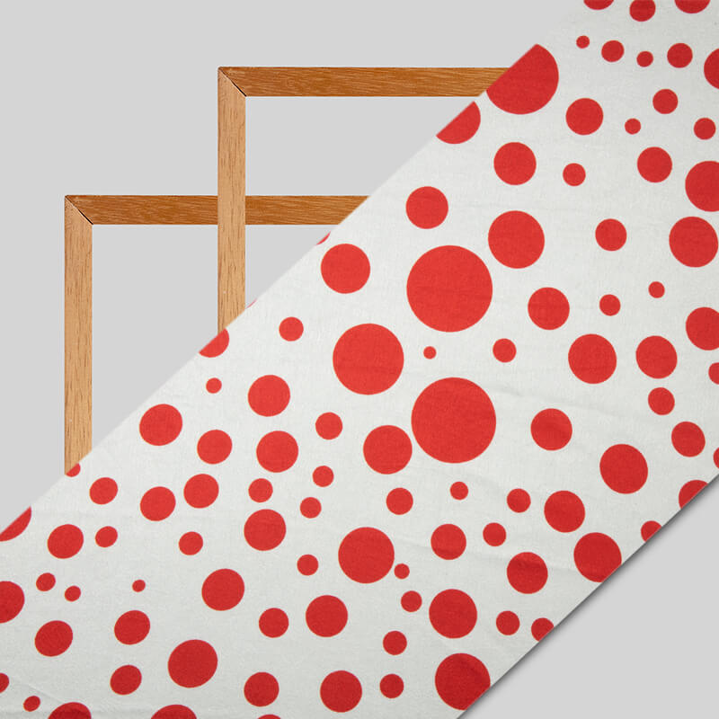 White And Red Polka Dot Digital Print Japan Satin Fabric - Fabcurate